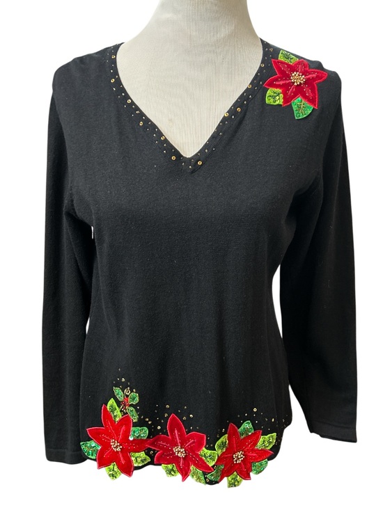 Bobbie Bell Sweaters - Vintage Bobbie Bell Christmas Sweater Black Beaded Poinsettia V-Neck Size Small
